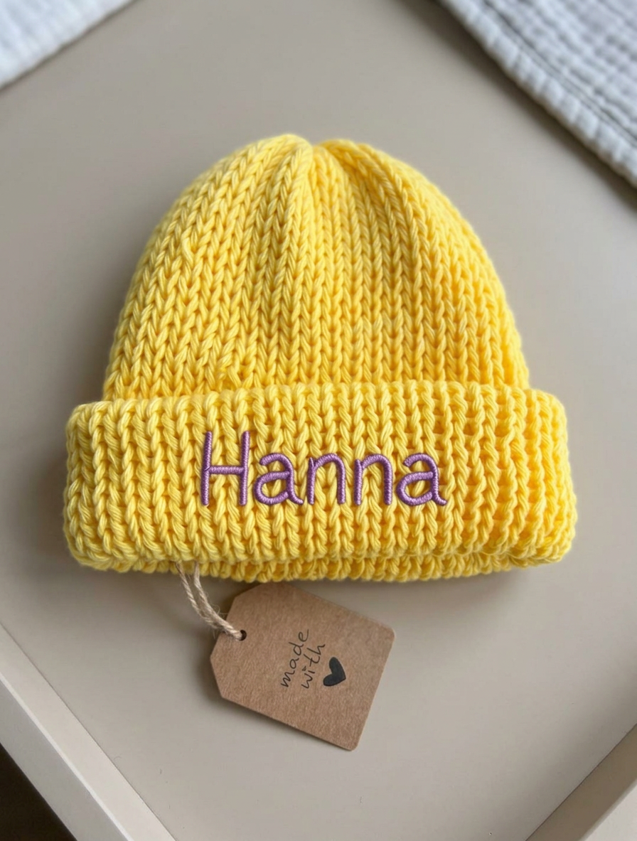 Personalized Yellow Knit Baby Beanie | Custom Embroidered Name Hat