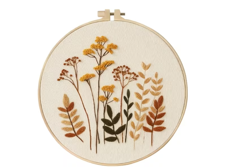 Autumn Wildflower Embroidery Kit, Beginner Hand Stitching Set, Earth-Toned Floral Craft (All-in-One)