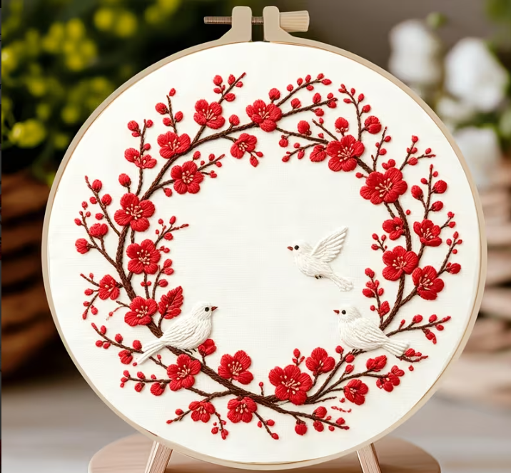 Cherry Blossom Bird Embroidery Kit, Red Floral Wreath Craft (Beginner)