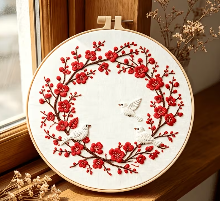 Cherry Blossom Bird Embroidery Kit, Red Floral Wreath Craft (Beginner)