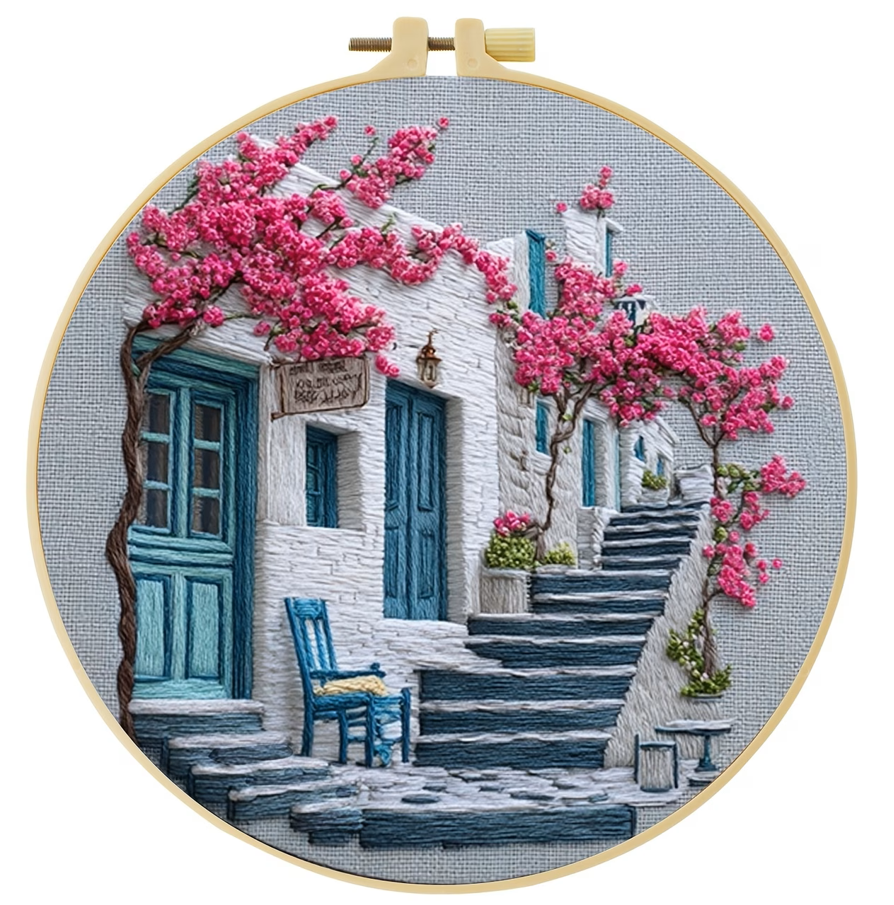 Greek Village Embroidery Kit, Mediterranean Bougainvillea Architecture Stitching Set (DIY Art)