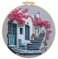 Greek Village Embroidery Kit, Mediterranean Bougainvillea Architecture Stitching Set (DIY Art)