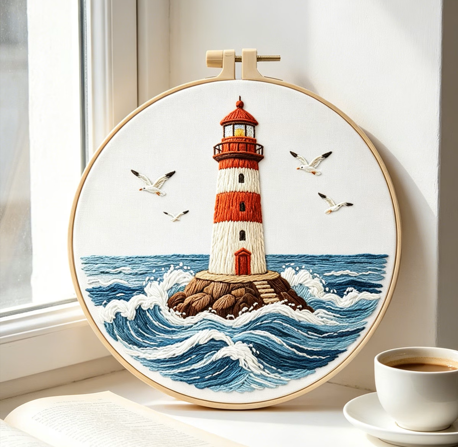 Lighthouse Embroidery Kit, Coastal Nautical Hoop Art, Ocean Waves DIY Craft