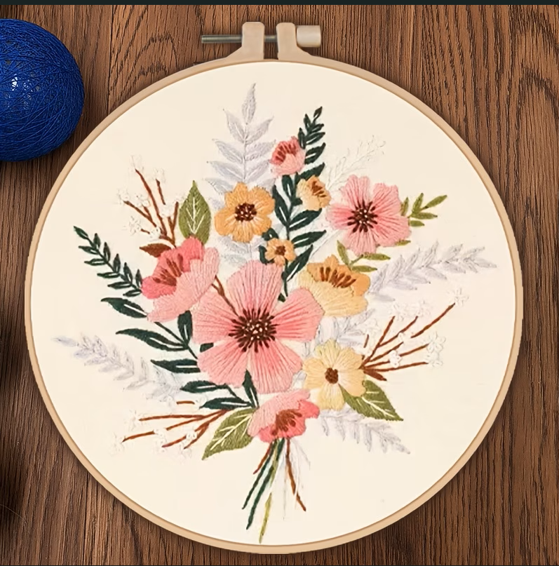 Pastel Floral Bouquet Embroidery Kit, Beginner Hand Stitching Hoop Art (DIY)