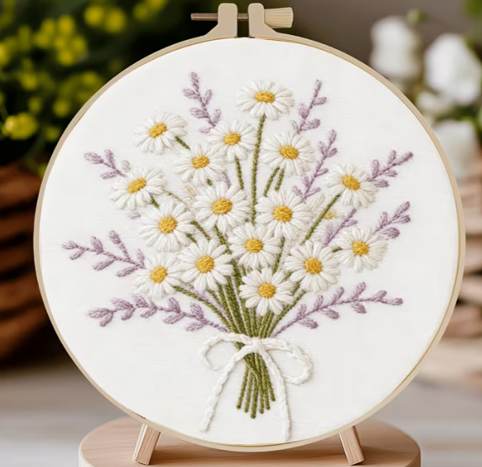 Daisy & Lavender Embroidery Kit, Beginner Floral Hoop Art, Spring Needlework Craft