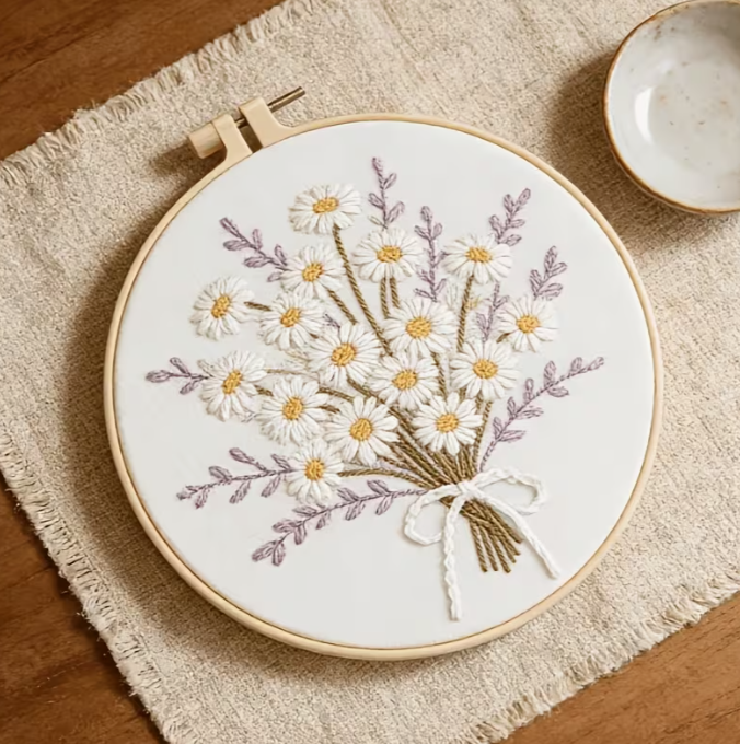 Daisy & Lavender Embroidery Kit, Beginner Floral Hoop Art, Spring Needlework Craft