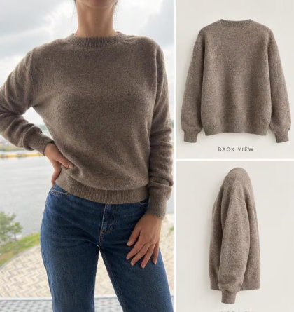 100% Wool Knit Sweater | Taupe Brown Crewneck, Minimalist Cozy Pullover